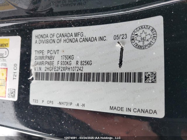 12574591 :رقم المزاد ، 2HGFE2F2XPH107242 vin ، 2023 Honda Civic Lx/lx-b مزاد بيع