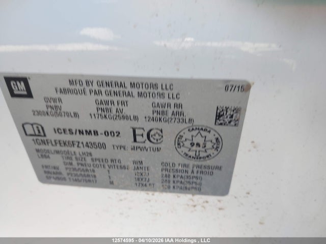 Aukcja sprzedaży 2015 Chevrolet Equinox Lt, vin: 1GNFLFEK6FZ143500, numer aukcji: 12574595