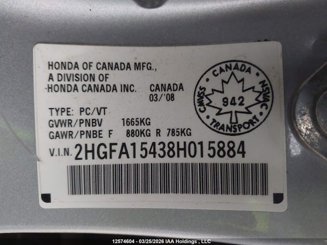 Aukcja sprzedaży 2008 Honda Civic Dx-g, vin: 2HGFA15438H015884, numer aukcji: 12574604