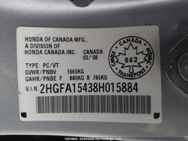 Aukcja sprzedaży 2008 Honda Civic Dx-g, vin: 2HGFA15438H015884, numer aukcji: 12574604