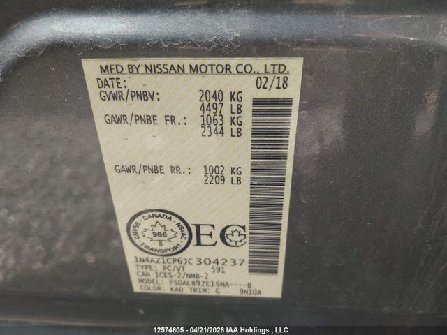 12574605 :رقم المزاد ، 1N4AZ1CP6JC304237 vin ، 2018 Nissan Leaf S/sv/sl مزاد بيع