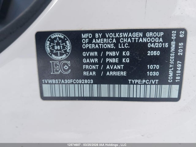 Продажа на аукционе авто 2015 Volkswagen Passat 1.8 Tsi Comfortline, vin: 1VWBS7A30FC092803, номер лота: 12574607
