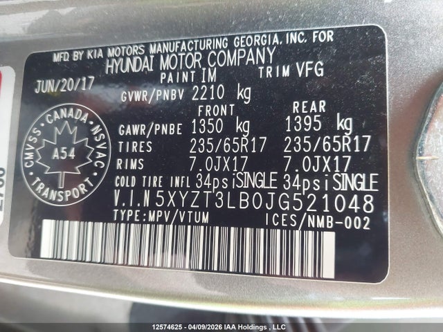 5XYZT3LB0JG521048 Hyundai Santa Fe