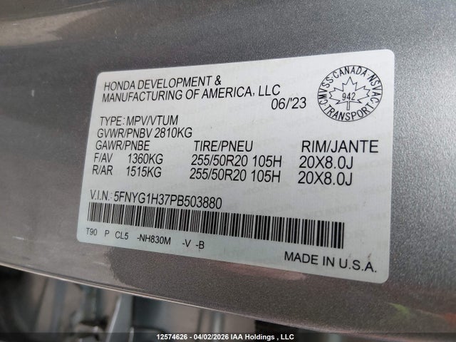 5FNYG1H37PB503880 Honda Pilot Sport
