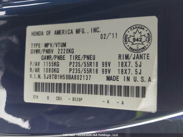12574627 :رقم المزاد ، 5J8TB1H59BA802137 vin ، 2011 Acura Rdx Technology مزاد بيع