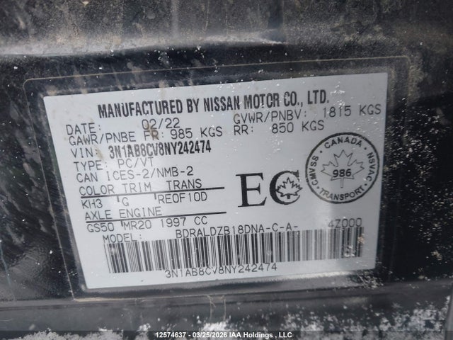3N1AB8CV8NY242474 Nissan SENTRA SV