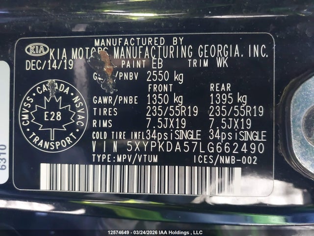 5XYPKDA57LG662490 KIA Sorento 3.3l Sx