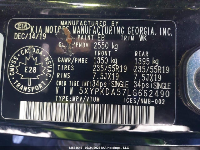 5XYPKDA57LG662490 KIA Sorento 3.3l Sx