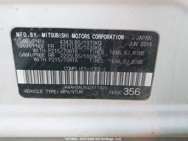 JA4AH3AU5GZ611920 Mitsubishi Rvr Se/es