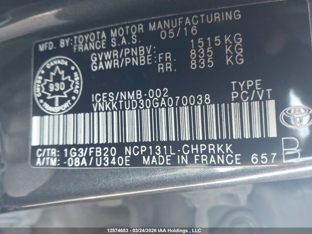 VNKKTUD30GA070038 Toyota Yaris L/le/se