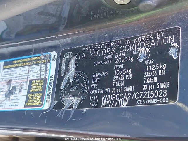 12574654 :رقم المزاد ، KNDPCCA27C7215023 vin ، 2012 Kia Sportage Ex مزاد بيع