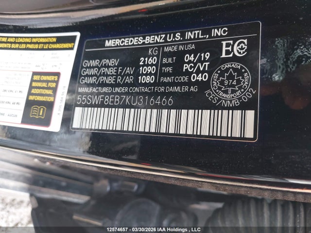 Aukcja sprzedaży 2019 Mercedes-benz C 300 4matic, vin: 55SWF8EB7KU316466, numer aukcji: 12574657