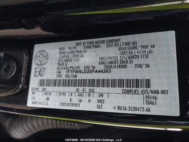 Продажа на аукционе авто 2025 Ford F-150, vin: 1FTFW5LD2SFA44263, номер лота: 12574658