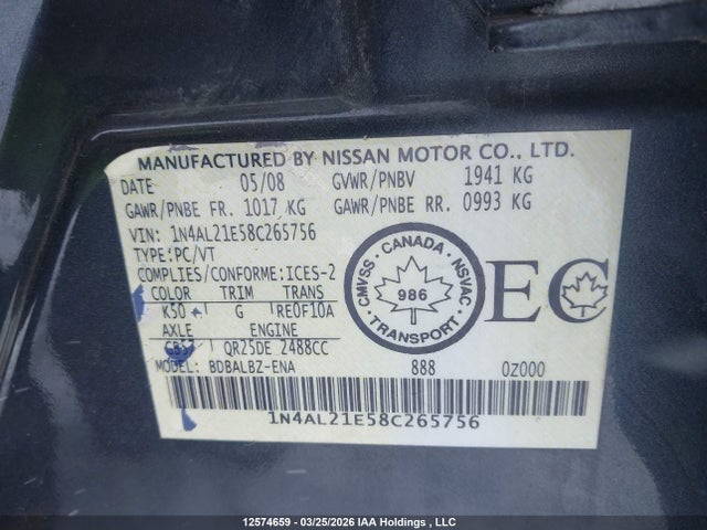 2008 Nissan Altima 2.5 S მანქანა იყიდება აუქციონზე, vin: 1N4AL21E58C265756, აუქციონის ნომერი: 12574659