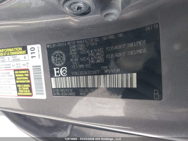 Auction sale of the 2019 Toyota Sienna Le 8-passenger, vin: 5TDKZ3DC4KS019977, lot number: 12574660