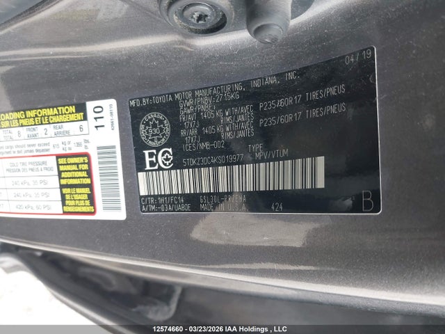 Auction sale of the 2019 Toyota Sienna Le 8-passenger, vin: 5TDKZ3DC4KS019977, lot number: 12574660