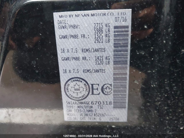 5N1AR2MM4GC670318 Nissan Pathfinder Platinum/s/sl/sv