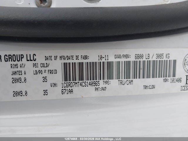 Продаж на аукціоні авто 2012 Dodge Ram 1500 Sport, vin: 1C6RD7MT4CS140965, номер лоту: 12574665