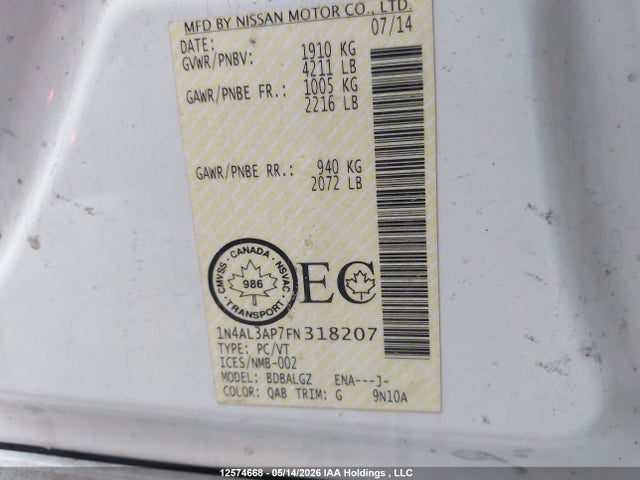 Aukcja sprzedaży 2015 Nissan Altima 2.5/2.5 S/2.5 Sl/2.5 Sv, vin: 1N4AL3AP7FN318207, numer aukcji: 12574668