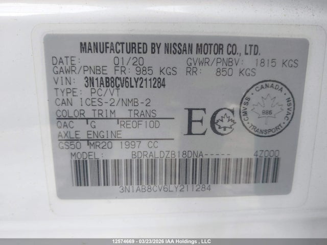 3N1AB8CV6LY211284 Nissan SENTRA SV
