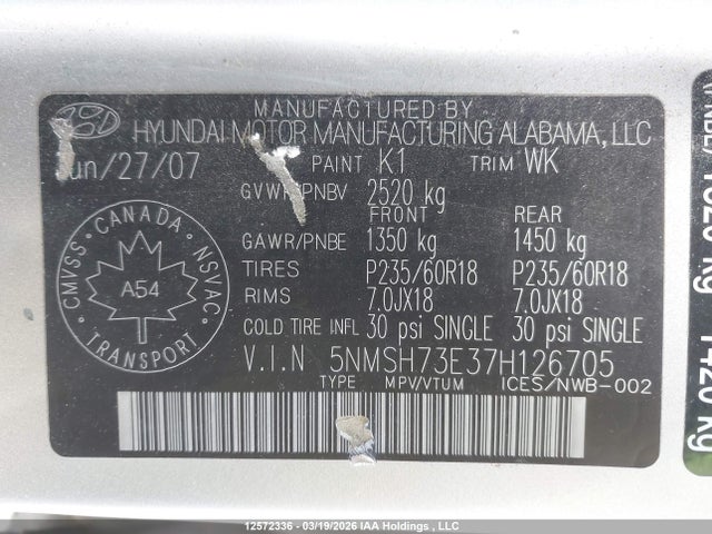 Aukcja sprzedaży 2007 Hyundai Santa Fe Gls, vin: 5NMSH73E37H126705, numer aukcji: 12572336