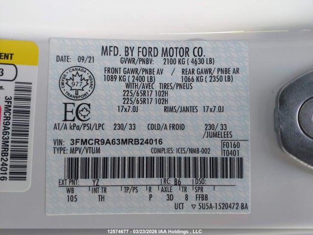 Продаж на аукціоні авто 2021 Ford Bronco Sport, vin: 3FMCR9A63MRB24016, номер лоту: 12574677