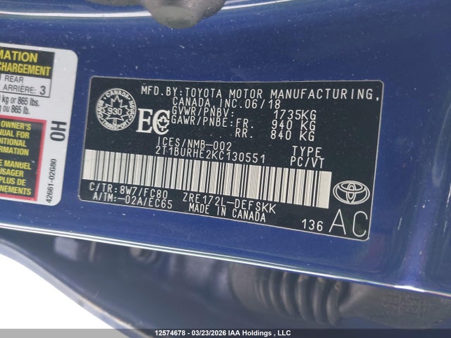 2T1BURHE2KC130551 Toyota Corolla L/le/xle/se/xse