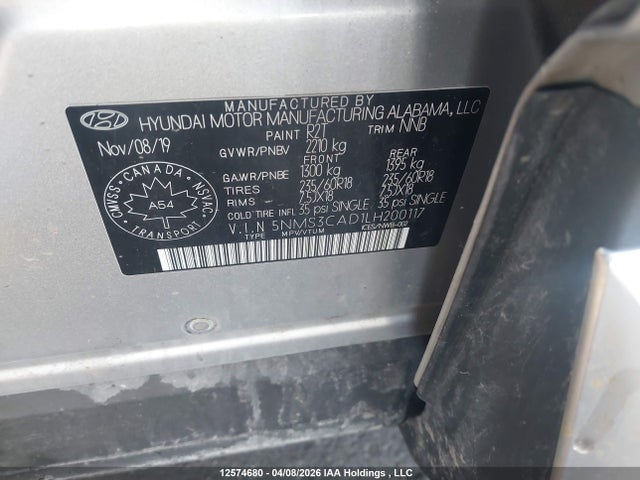 12574680 :رقم المزاد ، 5NMS3CAD1LH200117 vin ، 2020 Hyundai Santa Fe Preferred Awd مزاد بيع