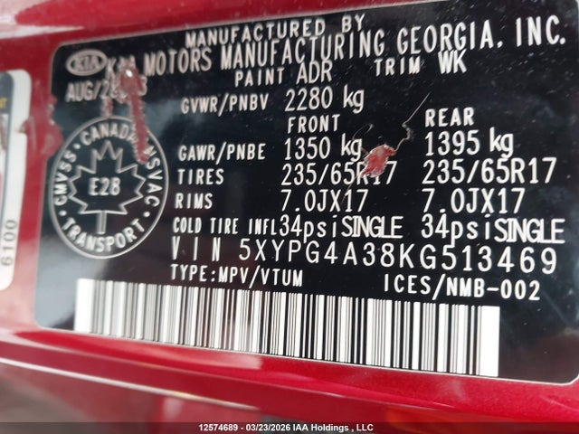 5XYPG4A38KG513469 KIA Sorento 2.4l Lx