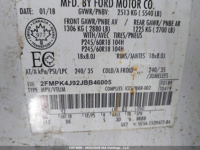 2FMPK4J92JBB46005 Ford EDGE SEL