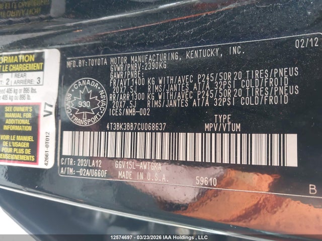 12574697 :رقم المزاد ، 4T3BK3BB7CU068637 vin ، 2012 Toyota Venza Base V6 مزاد بيع