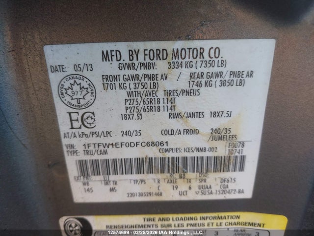 2013 Ford F-150 მანქანა იყიდება აუქციონზე, vin: 1FTFW1EF0DFC68061, აუქციონის ნომერი: 12574699