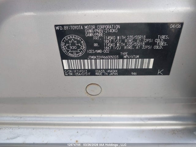 12574705 :رقم المزاد ، JTMBK32V966005023 vin ، 2006 Toyota Rav4 Sport مزاد بيع
