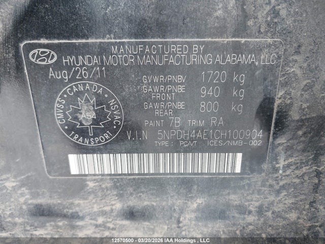 12570500 :رقم المزاد ، 5NPDH4AE1CH100904 vin ، 2012 Hyundai Elantra Gl مزاد بيع