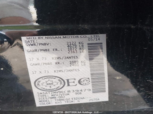 Продажа на аукционе авто 2014 Nissan Rogue S/sl/sv, vin: 5N1AT2MV9EC839479, номер лота: 12574720
