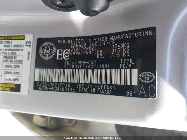 Aukcja sprzedaży 2010 Toyota Corolla S/le/xle, vin: 2T1BU4EEXAC211884, numer aukcji: 12574722