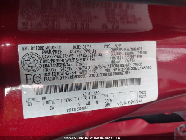 Продажа на аукционе авто 2014 Ford Focus Titanium, vin: 1FADP3N20EL146080, номер лота: 12574727