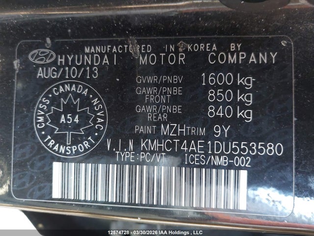 12574728 :رقم المزاد ، KMHCT4AE1DU553580 vin ، 2013 Hyundai Accent Gls/gs مزاد بيع