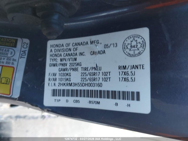 Aukcja sprzedaży 2013 Honda Cr-v, vin: 2HKRM3H55DH003160, numer aukcji: 12574732
