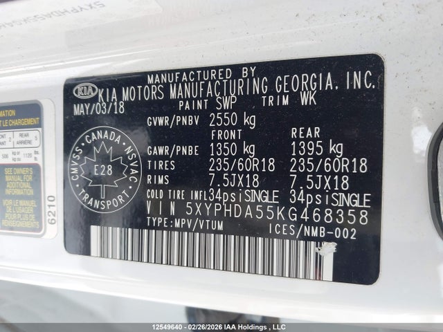 5XYPHDA55KG468358 KIA Sorento 3.3l Ex/3.3l Ex+