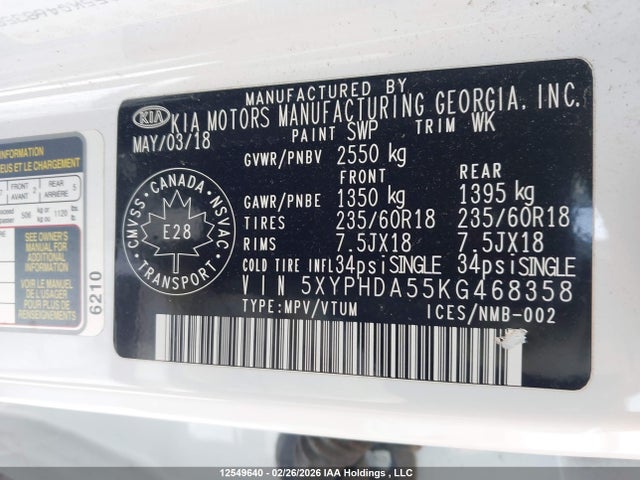 5XYPHDA55KG468358 KIA Sorento 3.3l Ex/3.3l Ex+