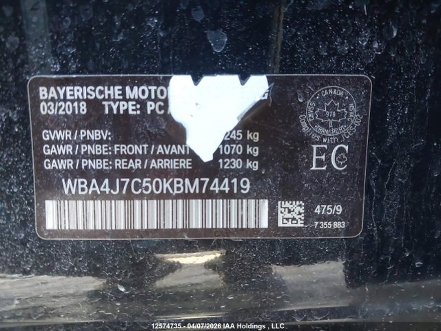 12574735 :رقم المزاد ، WBA4J7C50KBM74419 vin ، 2019 Bmw 440i Gran Coupe Xdrive مزاد بيع
