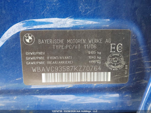 12574738 :رقم المزاد ، WBAVC93587KZ70764 vin ، 2007 Bmw 328xi مزاد بيع