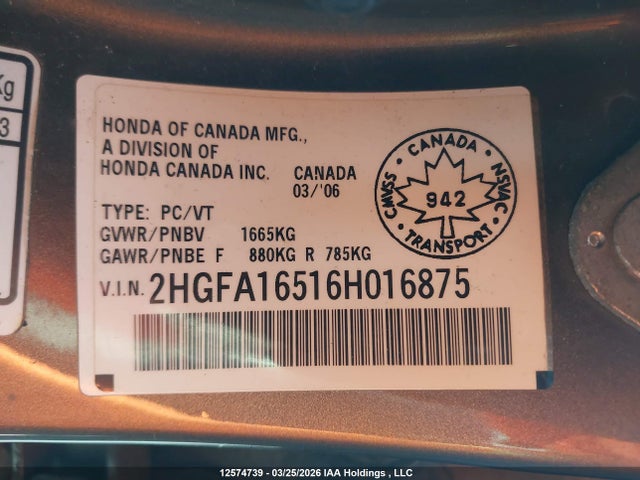 2006 Honda Civic Lx მანქანა იყიდება აუქციონზე, vin: 2HGFA16516H016875, აუქციონის ნომერი: 12574739