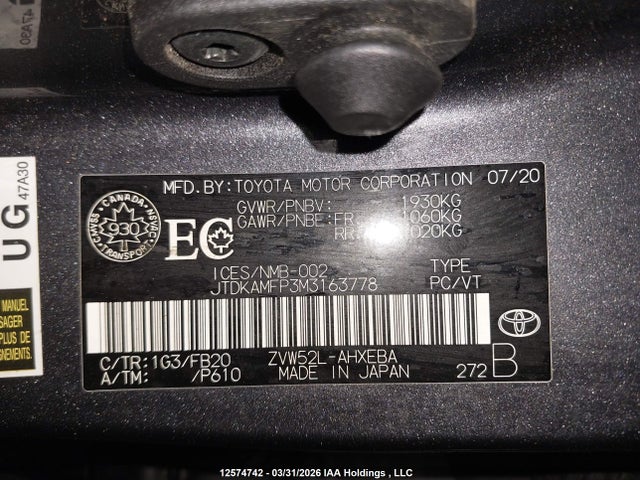 12574742 :رقم المزاد ، JTDKAMFP3M3163778 vin ، 2021 Toyota Prius مزاد بيع