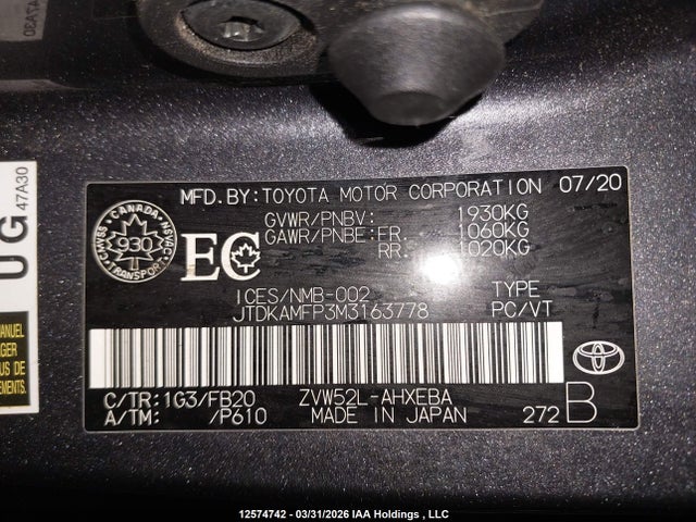 12574742 :رقم المزاد ، JTDKAMFP3M3163778 vin ، 2021 Toyota Prius مزاد بيع