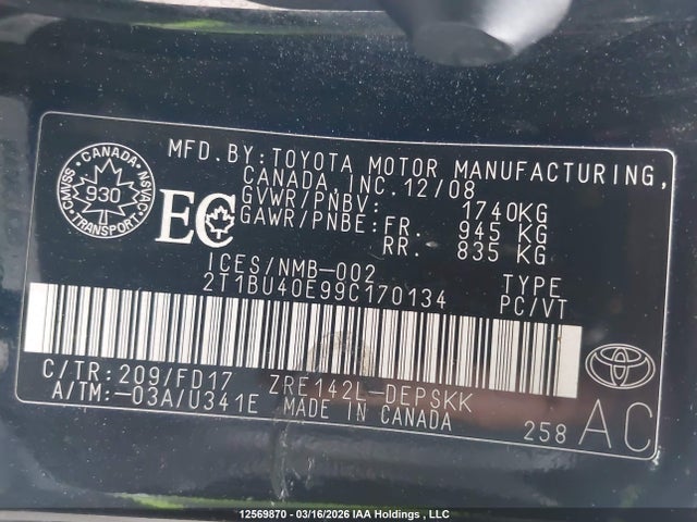 12569870 :رقم المزاد ، 2T1BU40E99C170134 vin ، 2009 Toyota Corolla S مزاد بيع