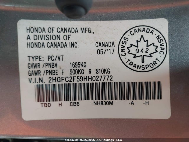 Продажа на аукционе авто 2017 Honda Civic Lx, vin: 2HGFC2F59HH027772, номер лота: 12574750