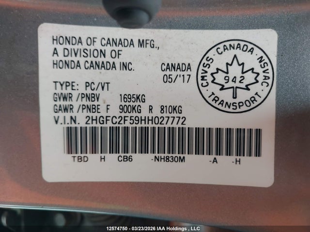 Продажа на аукционе авто 2017 Honda Civic Lx, vin: 2HGFC2F59HH027772, номер лота: 12574750