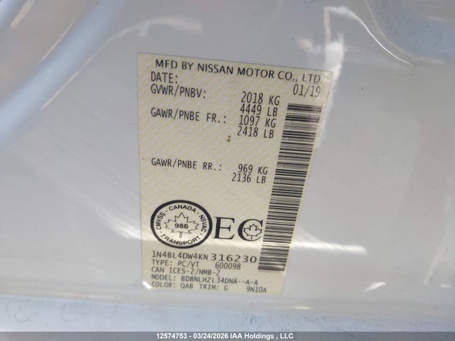 12574753 :رقم المزاد ، 1N4BL4DW4KN316230 vin ، 2019 Nissan Altima Sv مزاد بيع